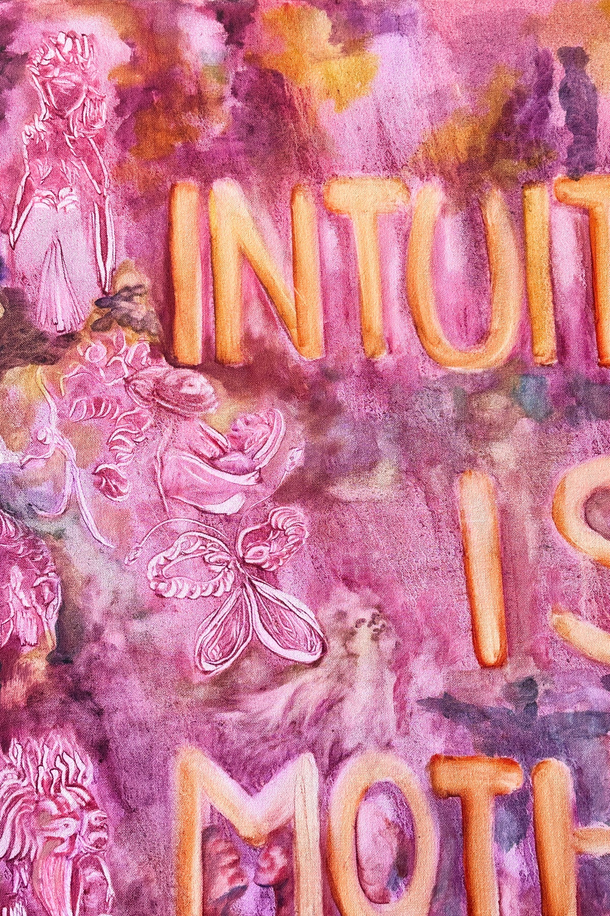 Artistic design with text 'INTUITION IS MY MOTHER' on a pink and purple background with abstract shapes and patterns.