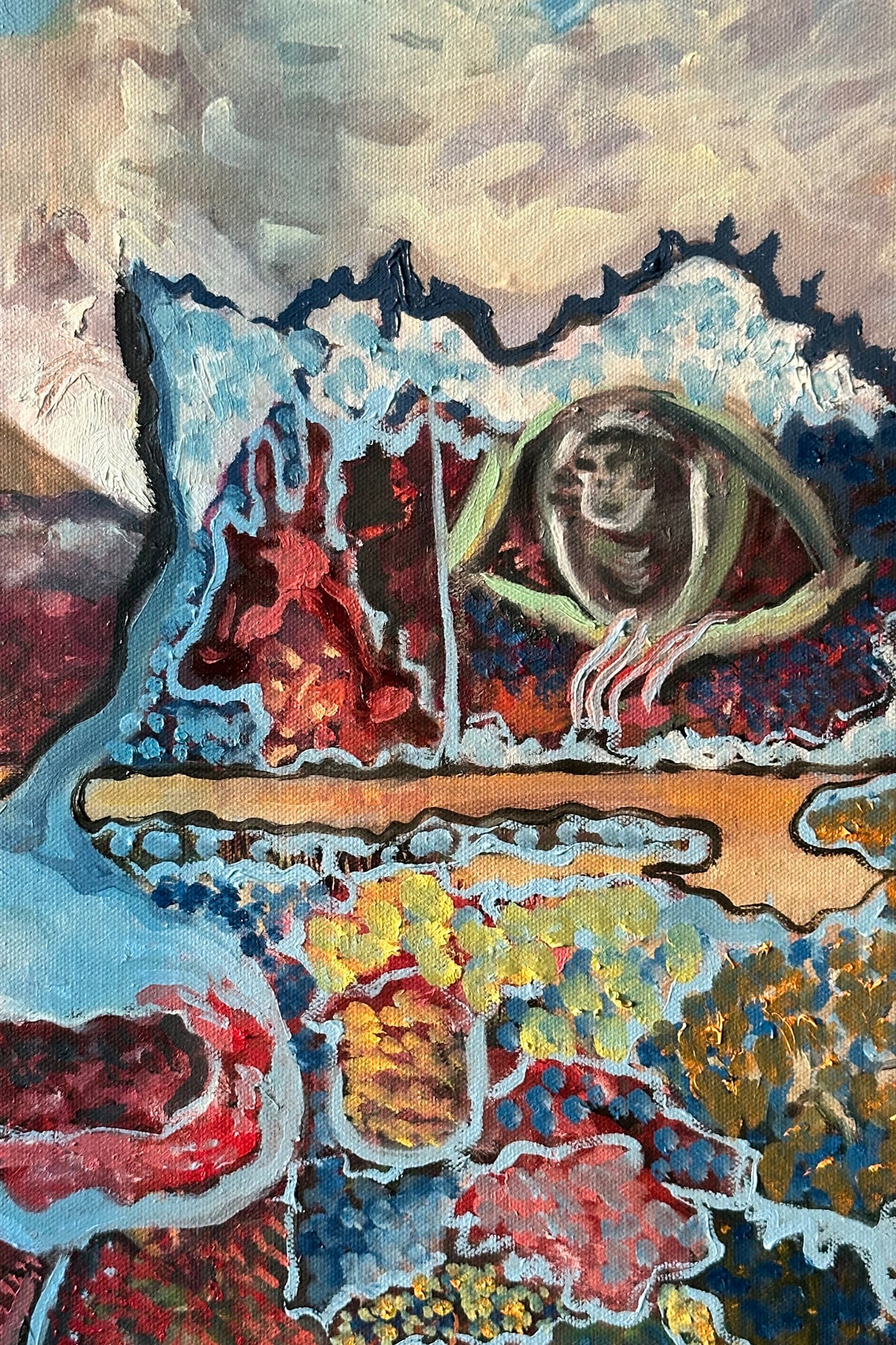 Abstract painting with a central figure and fiery elements