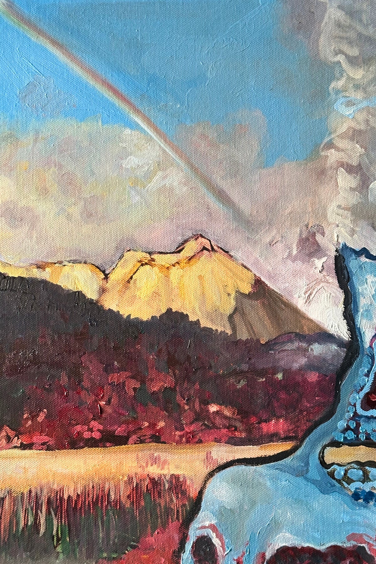 Abstract painting with a mountain landscape and blue figure
