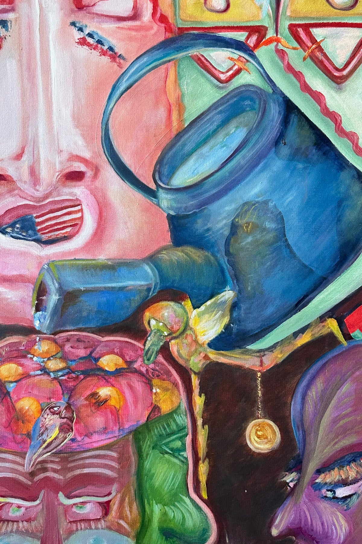 Colorful abstract painting with a blue teapot and various elements.