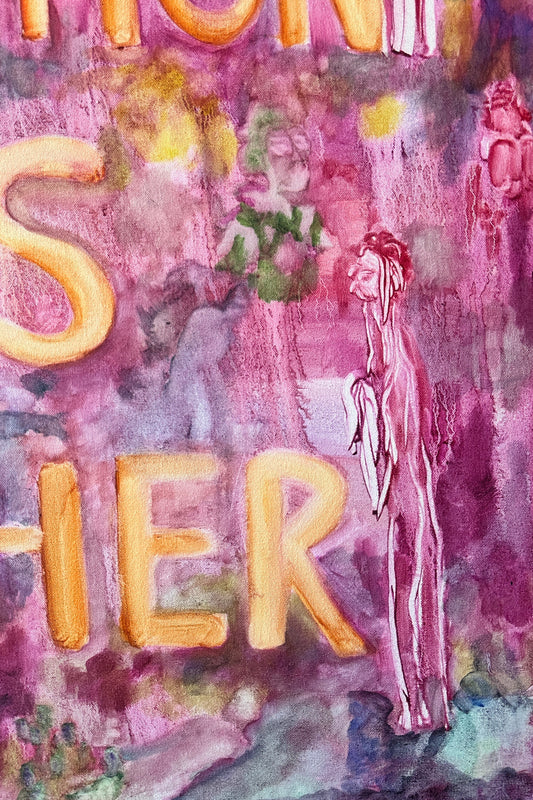 Artistic depiction of a figure with flowers against a pink background, featuring the text 'SISTER'.