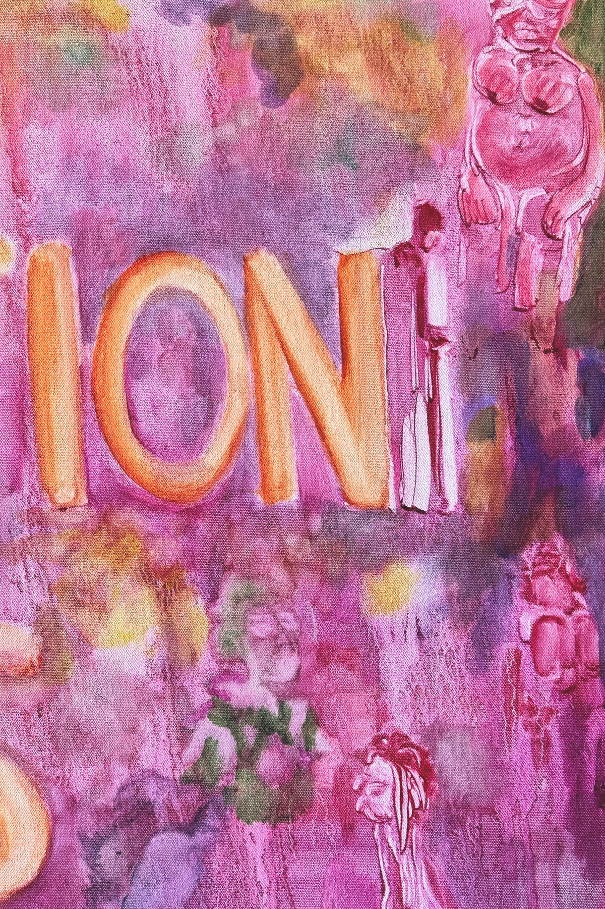 Colorful abstract painting with text and artistic elements