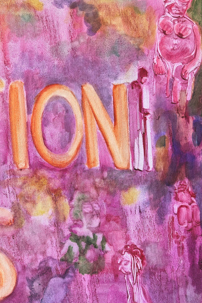 Colorful abstract painting with text and artistic elements