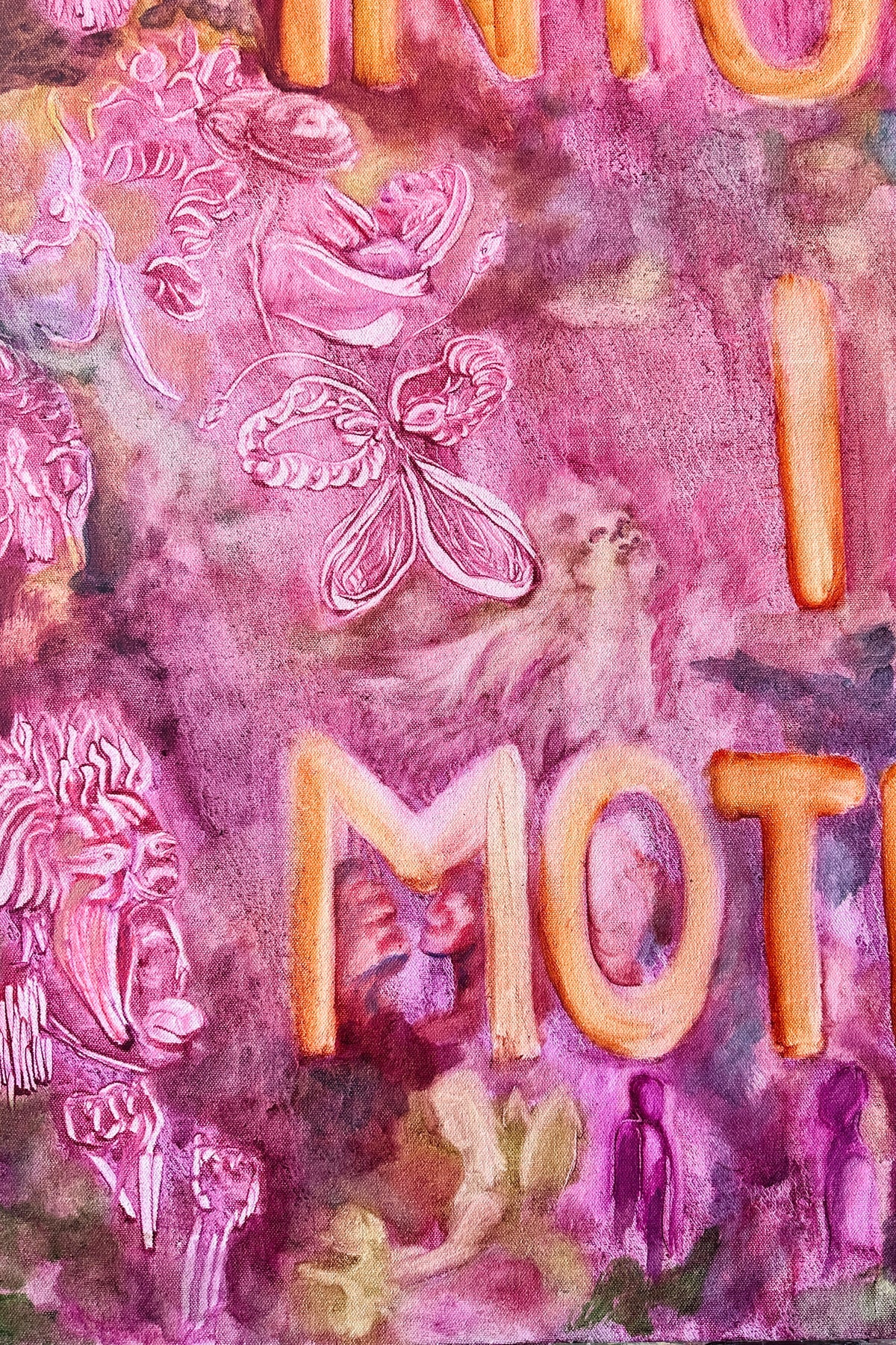 Artistic depiction of a cat with floral elements and text on a pink background