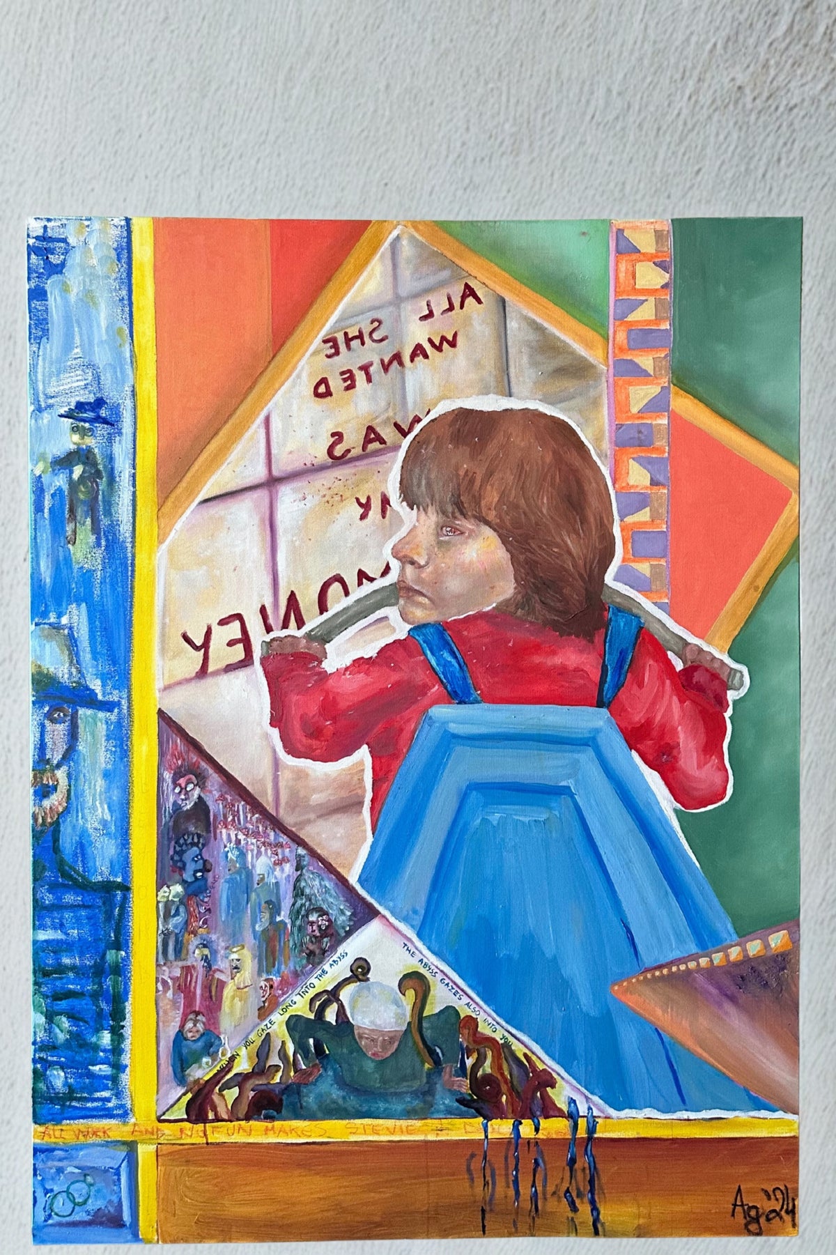 Colorful painting of a person in a blue apron holding a sign with text, on a textured gray background.