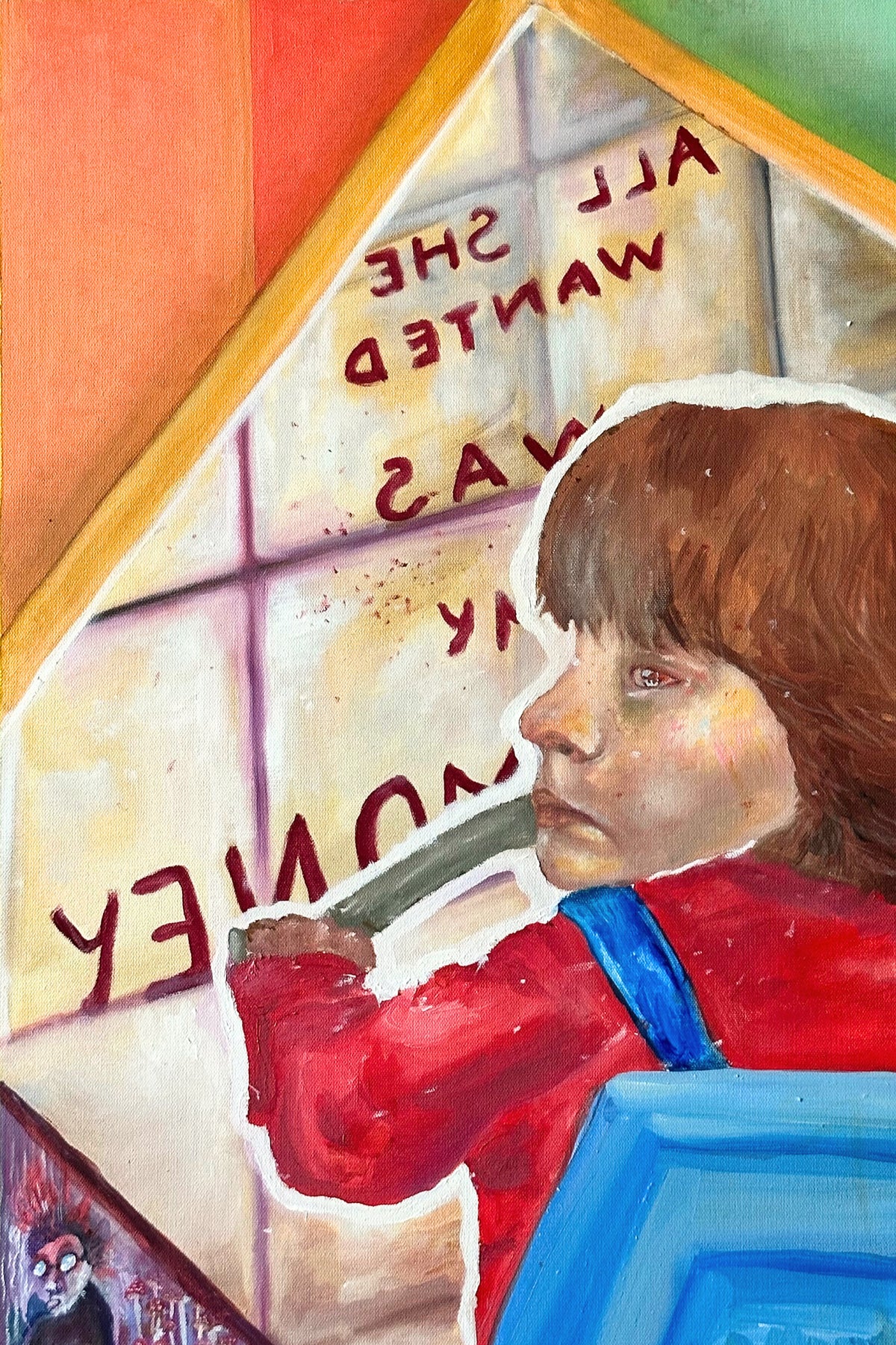 Artistic depiction of a person with a red shirt and blue jacket looking at a sign with text.