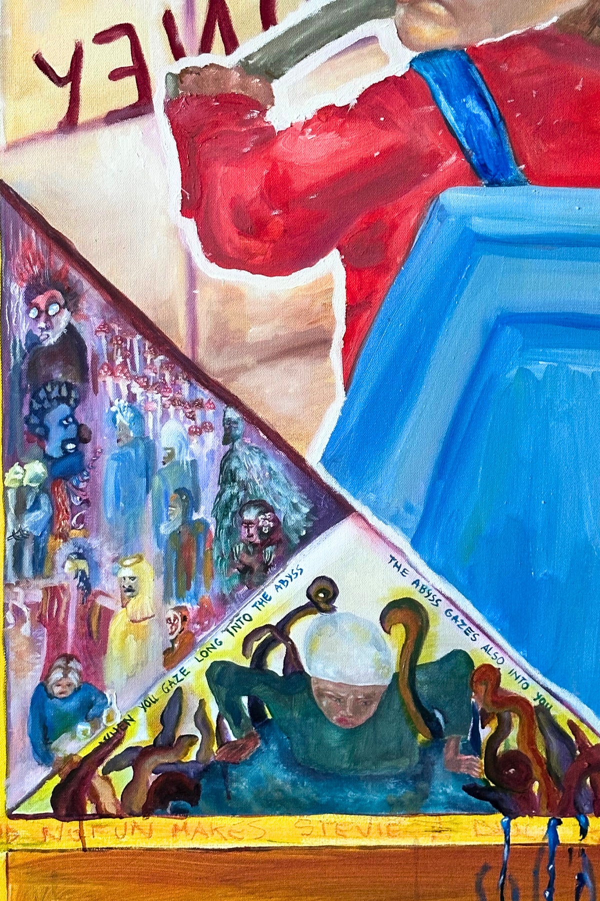 Abstract artwork with colorful figures and text on a yellow background