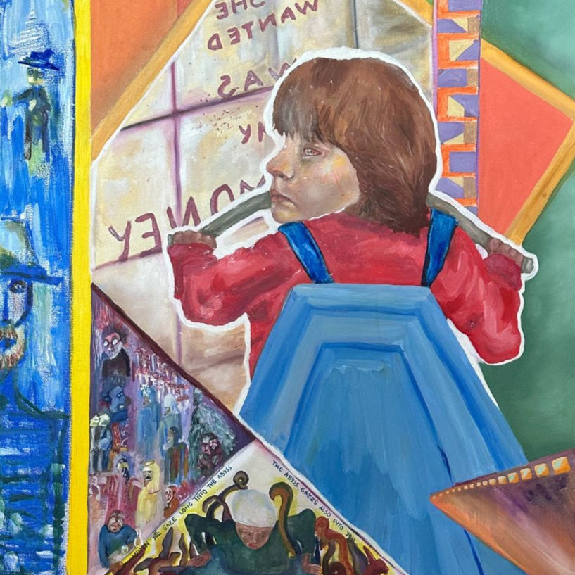 Colorful abstract painting with geometric shapes and a central figure holding a gun.