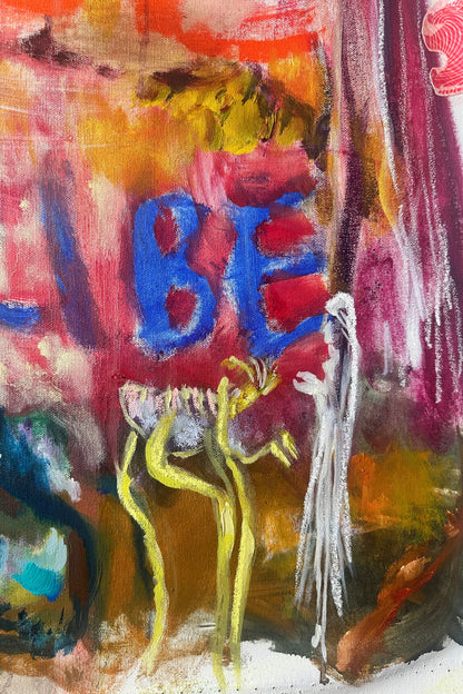 Abstract artwork with colorful letters spelling 'I BE' on a textured background.
