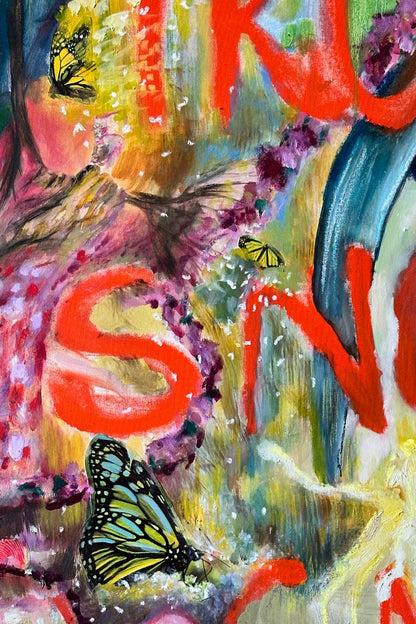 Colorful abstract painting with butterflies and text