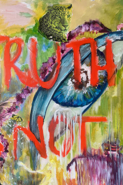 Abstract artwork with a leopard, colorful text, and nature elements.