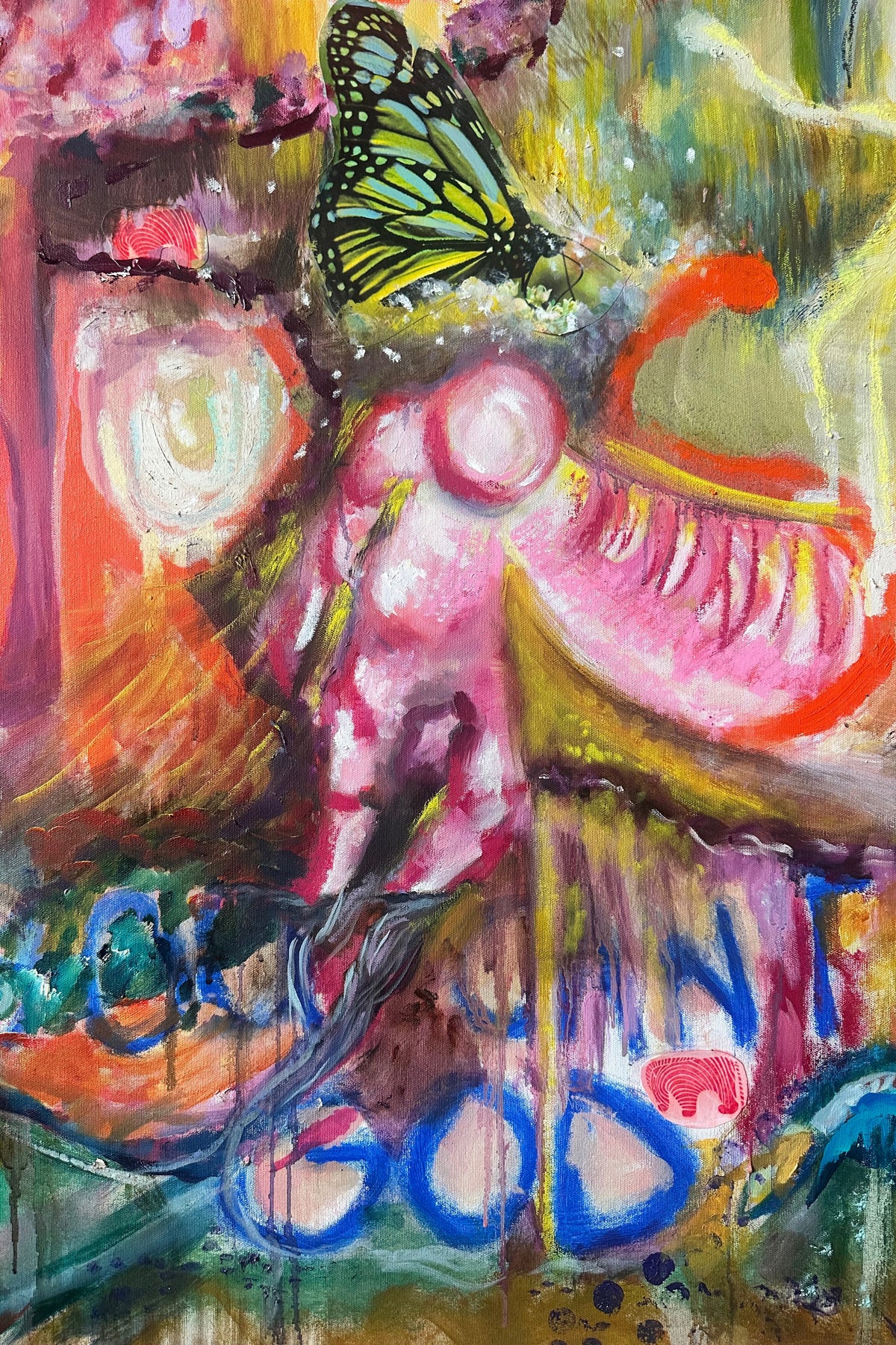 Colorful abstract painting with a butterfly and text