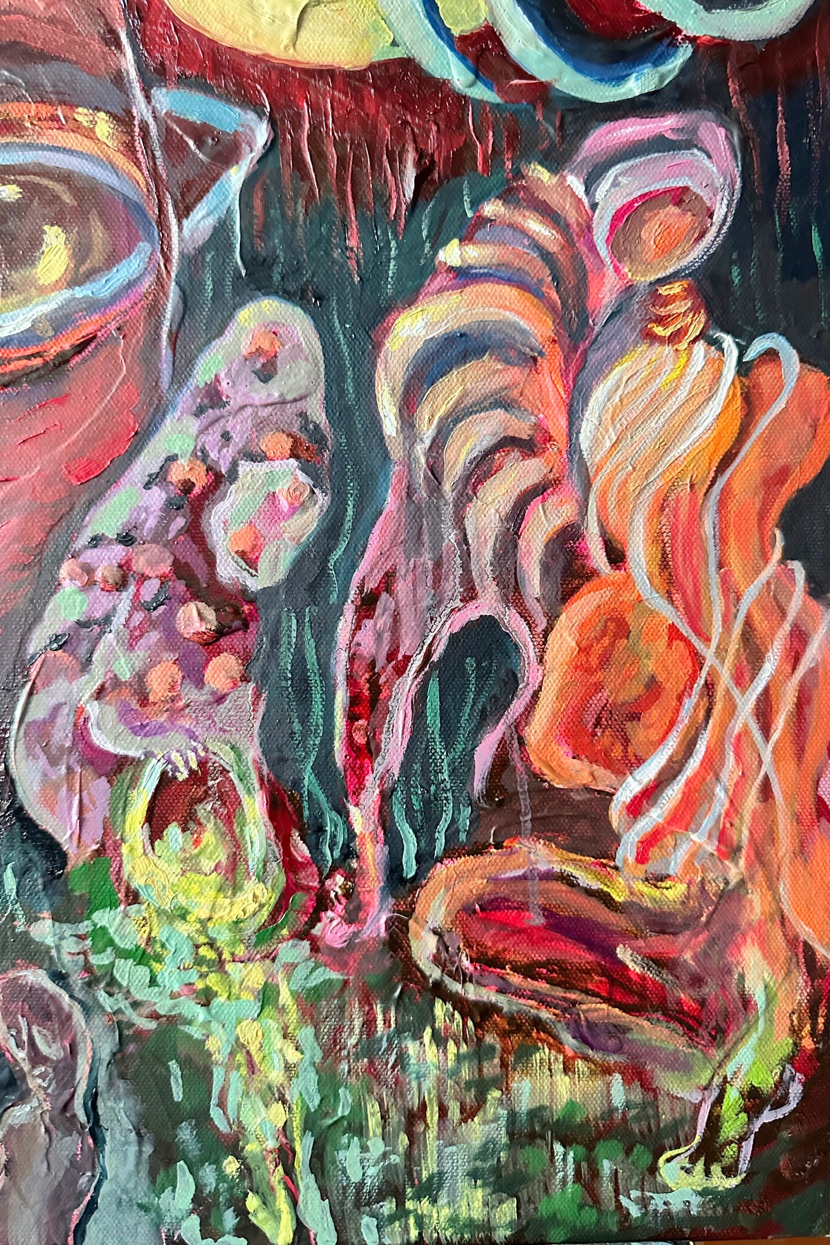 Abstract painting with vibrant colors and dynamic shapes