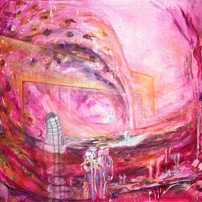 This image features a large, figurative oil painting on canvas titled "The Guardians." The artwork, measuring 48x60 inches, presents an abstract representation characterized by vibrant pink and purple hues.