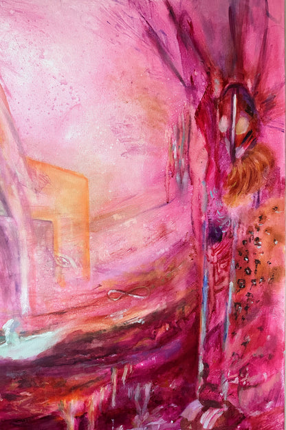 Abstract painting with pink and red tones