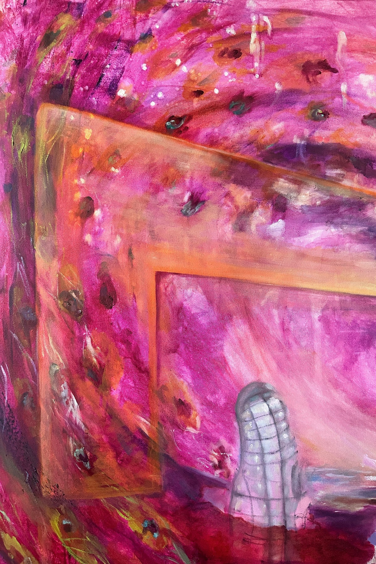 Abstract artwork with pink and orange colors and a person in a wheelchair.