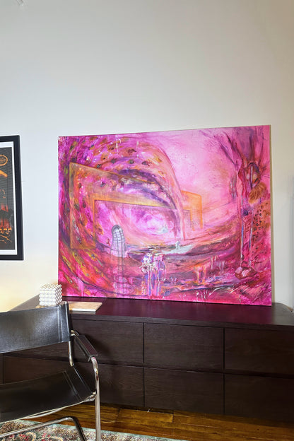Abstract pink and purple painting on a wall above a dark wooden cabinet.