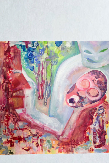 Colorful abstract painting with a prominent mask-like figure on a white background