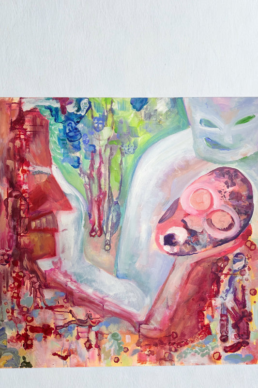 Colorful abstract painting with a prominent mask-like figure on a white background