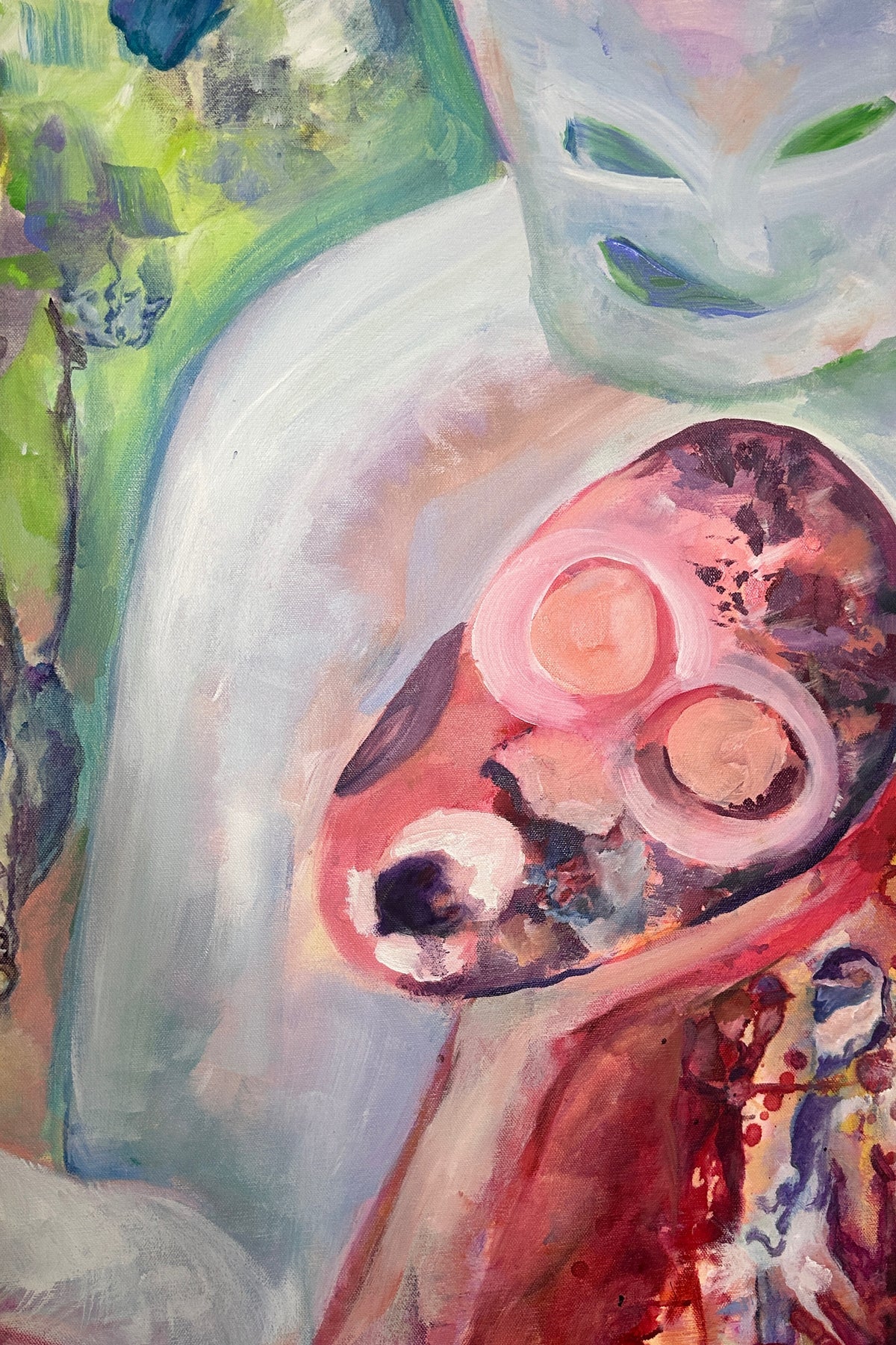 Abstract artwork with pink and red circular shapes on a multicolored background