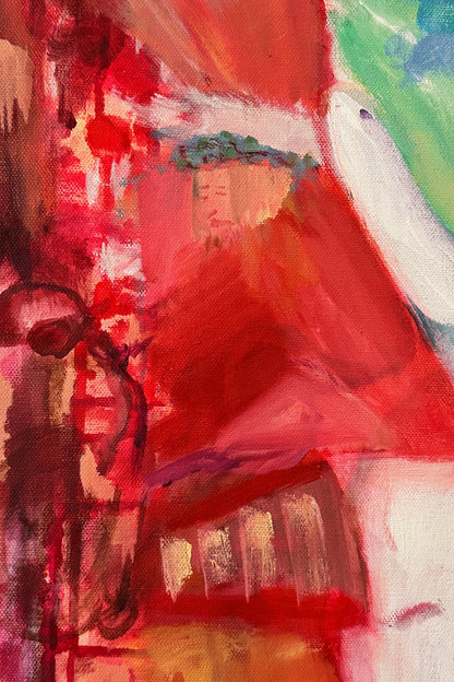 Abstract painting of a figure with red and multicolored background