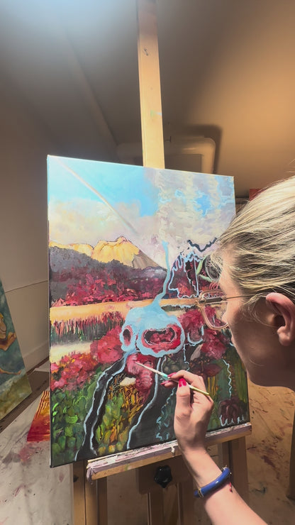 Behind the Veil – Surreal Colorful Landscape and Abstract Creature Oil Painting on Canvas