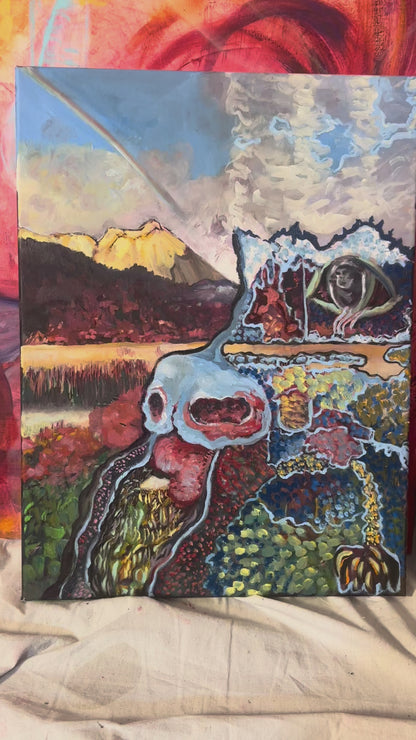 Behind the Veil – Surreal Colorful Landscape and Abstract Creature Oil Painting on Canvas