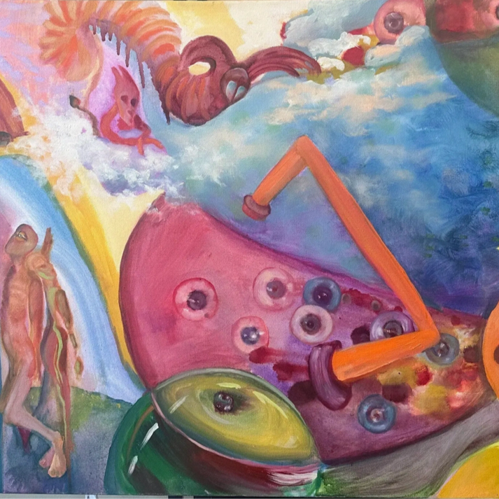 Colorful abstract artwork with various shapes and figures.