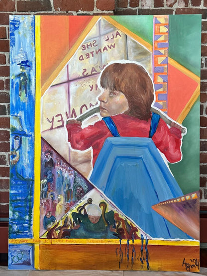 Colorful abstract painting with geometric shapes and a central figure holding a gun.